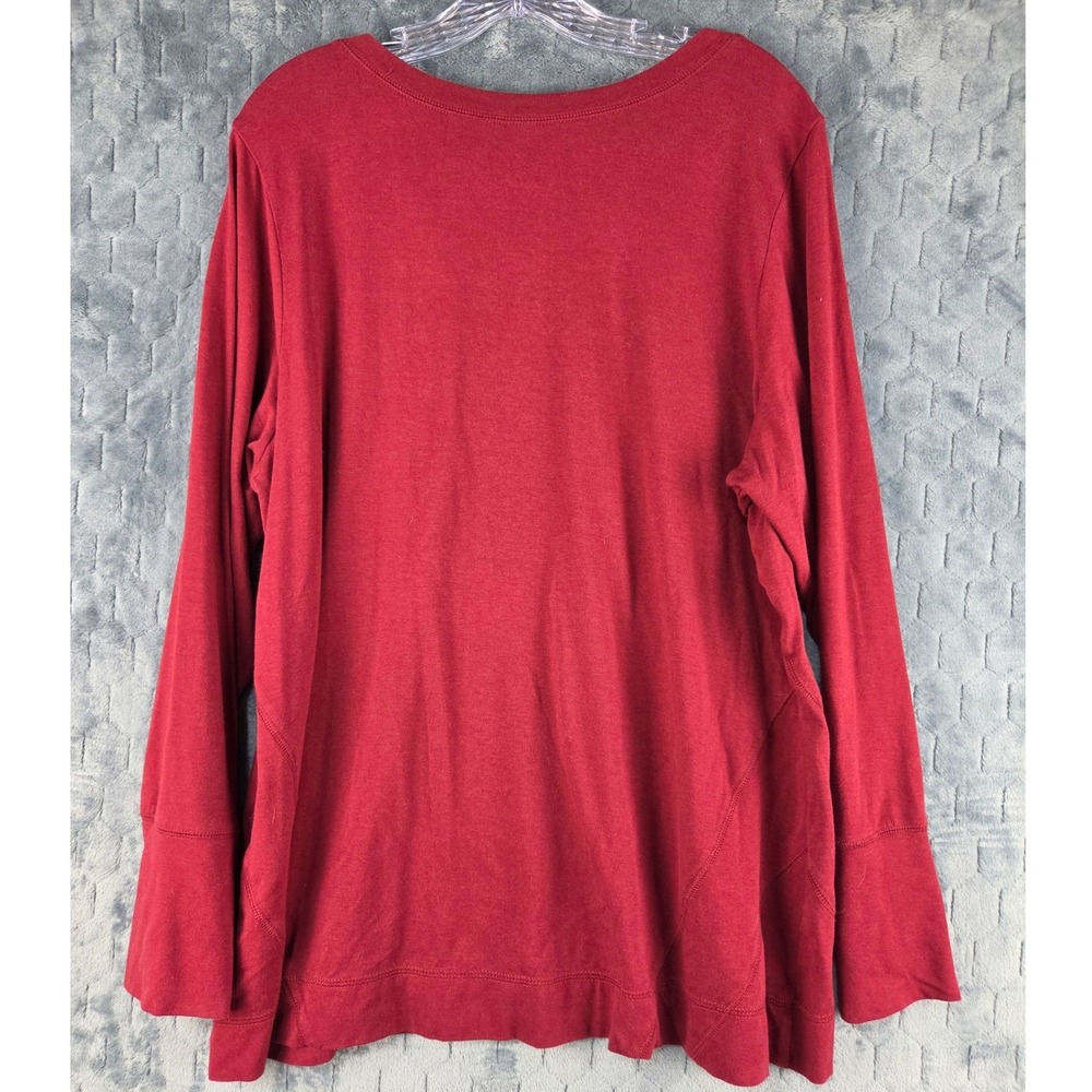Denim & Company Womens 1X Red V-Neck Long Sleeve Top Seam Detail Cotton Blend - Picture 3 of 9